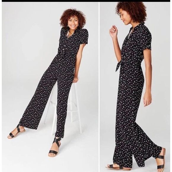 J. JILL Black Floral Button Front Elastic Waist Jumpsuit career short sleeve XL - Picture 1 of 7